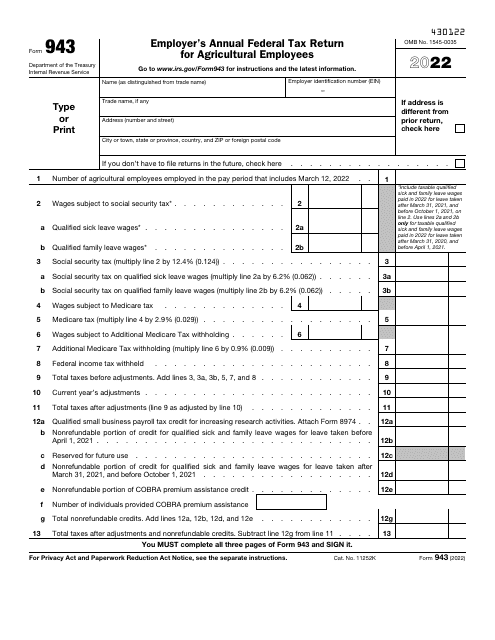 IRS Form 943 2022 Printable Pdf