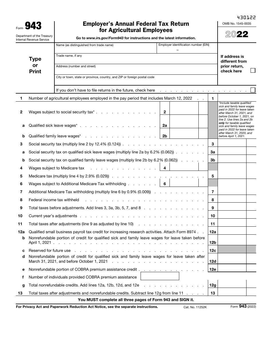 IRS Form 943 Download Fillable PDF or Fill Online Employer's Annual