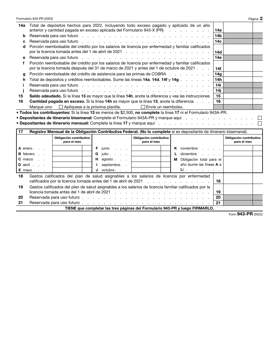 IRS Formulario 943-PR Planilla Para La Declaracion Anual De La Contribucion Federal Del Patrono De Empleados Agricolas (Puerto Rican Spanish), Page 2
