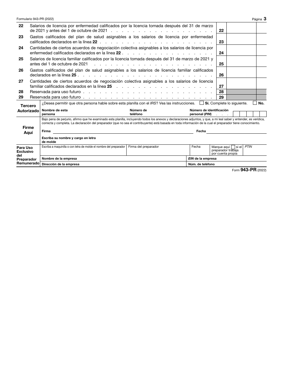 IRS Formulario 943-PR Planilla Para La Declaracion Anual De La Contribucion Federal Del Patrono De Empleados Agricolas (Puerto Rican Spanish), Page 3