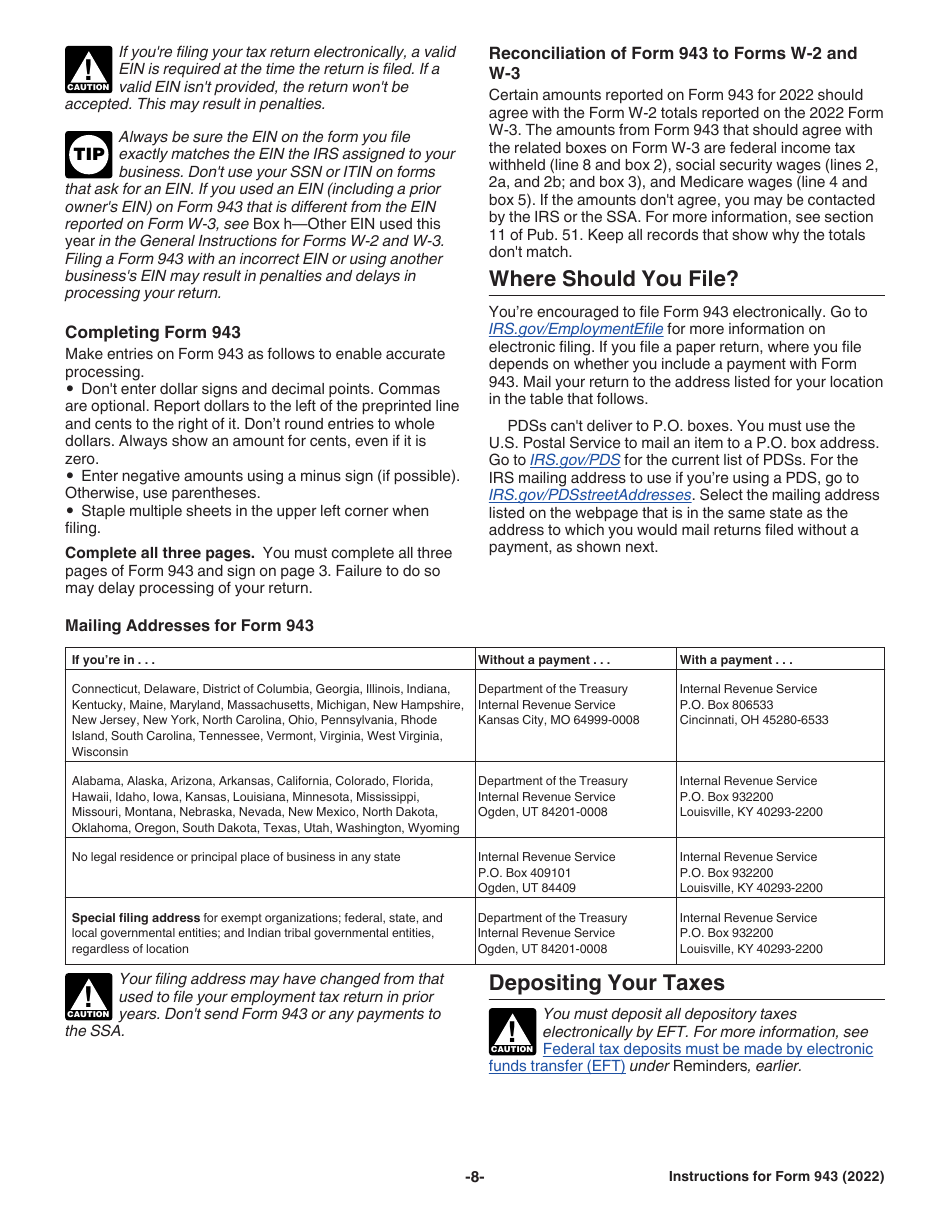 Instructions for IRS Form 943 Employers Annual Federal Tax Return for Agricultural Employees, Page 8