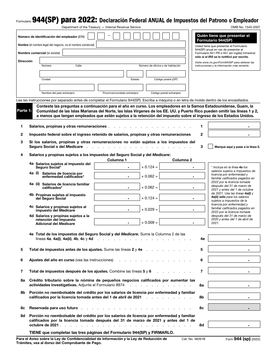 IRS Formulario 944 (SP) Declaracion Federal Anual De Impuestos Del Patrono O Empleador (Spanish), Page 1