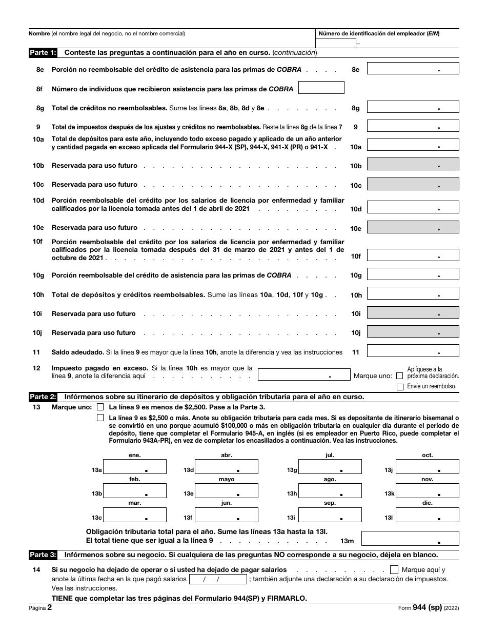 IRS Formulario 944 (SP) Declaracion Federal Anual De Impuestos Del Patrono O Empleador (Spanish), Page 2