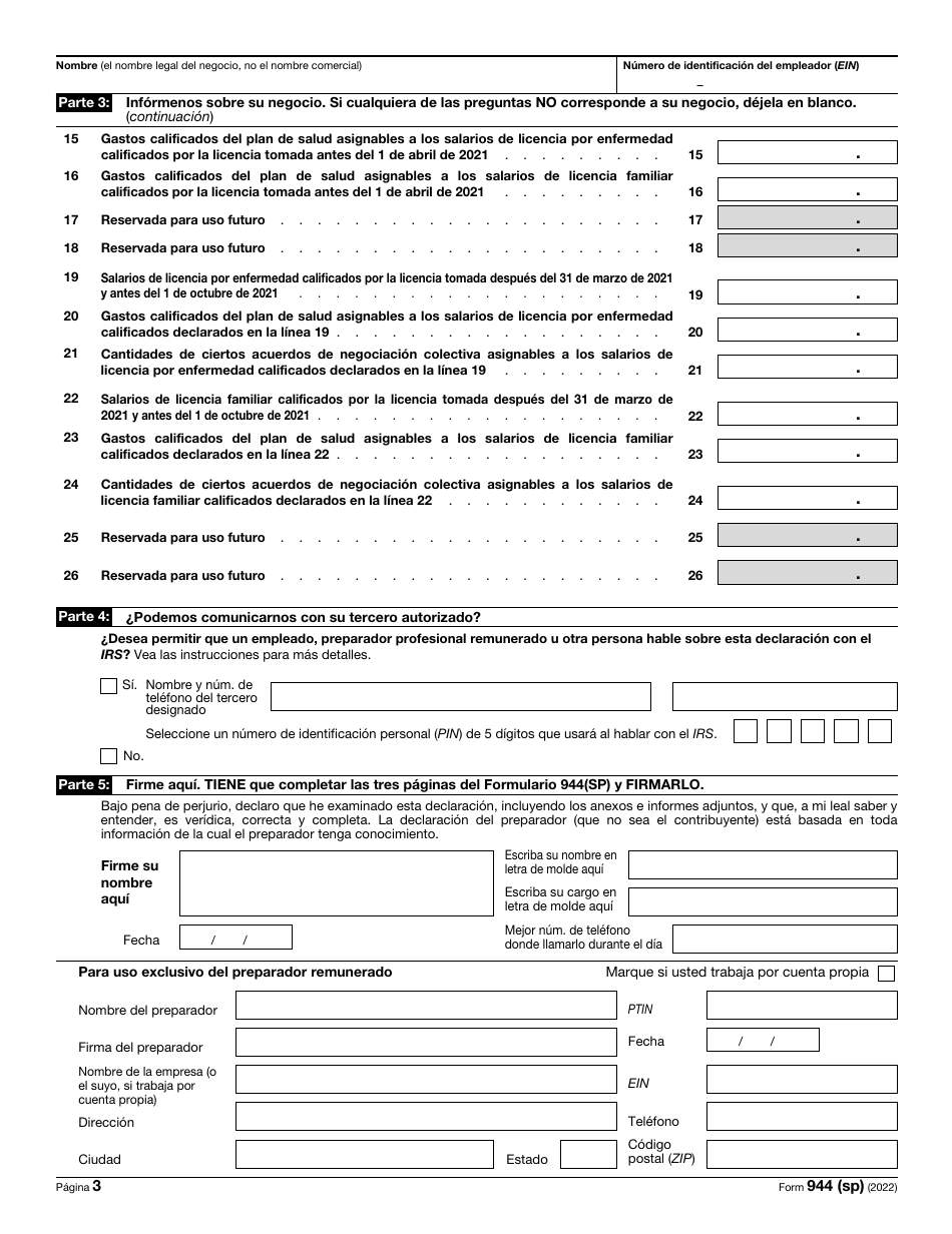 IRS Formulario 944 (SP) Declaracion Federal Anual De Impuestos Del Patrono O Empleador (Spanish), Page 3