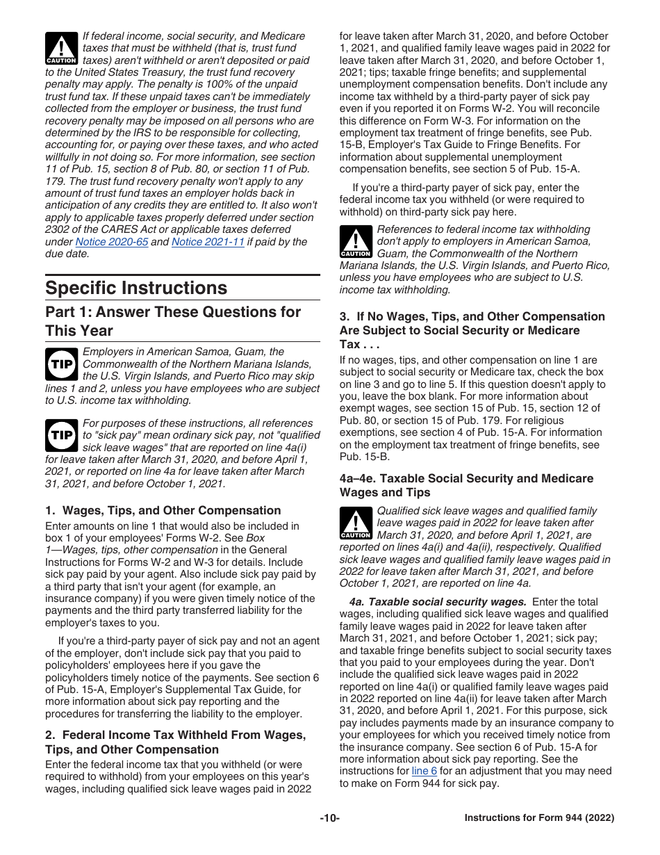 Instructions for IRS Form 944 Employers Annual Federal Tax Return, Page 10