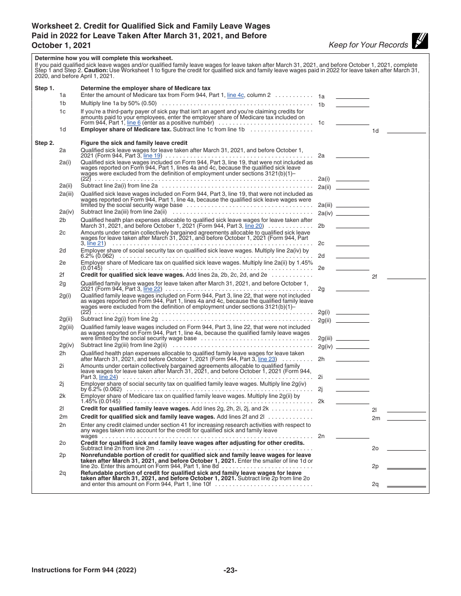 Download Instructions for IRS Form 944 Employer's Annual Federal Tax ...