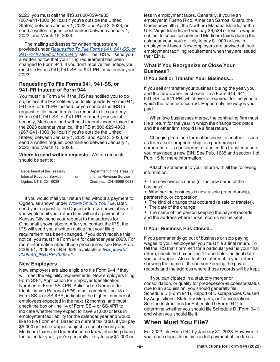 Instructions for IRS Form 944 Employers Annual Federal Tax Return, Page 6