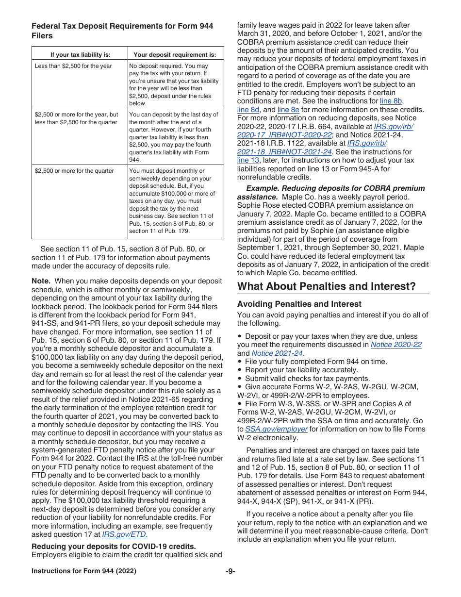 Instructions for IRS Form 944 Employers Annual Federal Tax Return, Page 9
