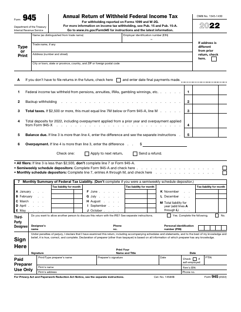 IRS Form 945 2022 Printable Pdf
