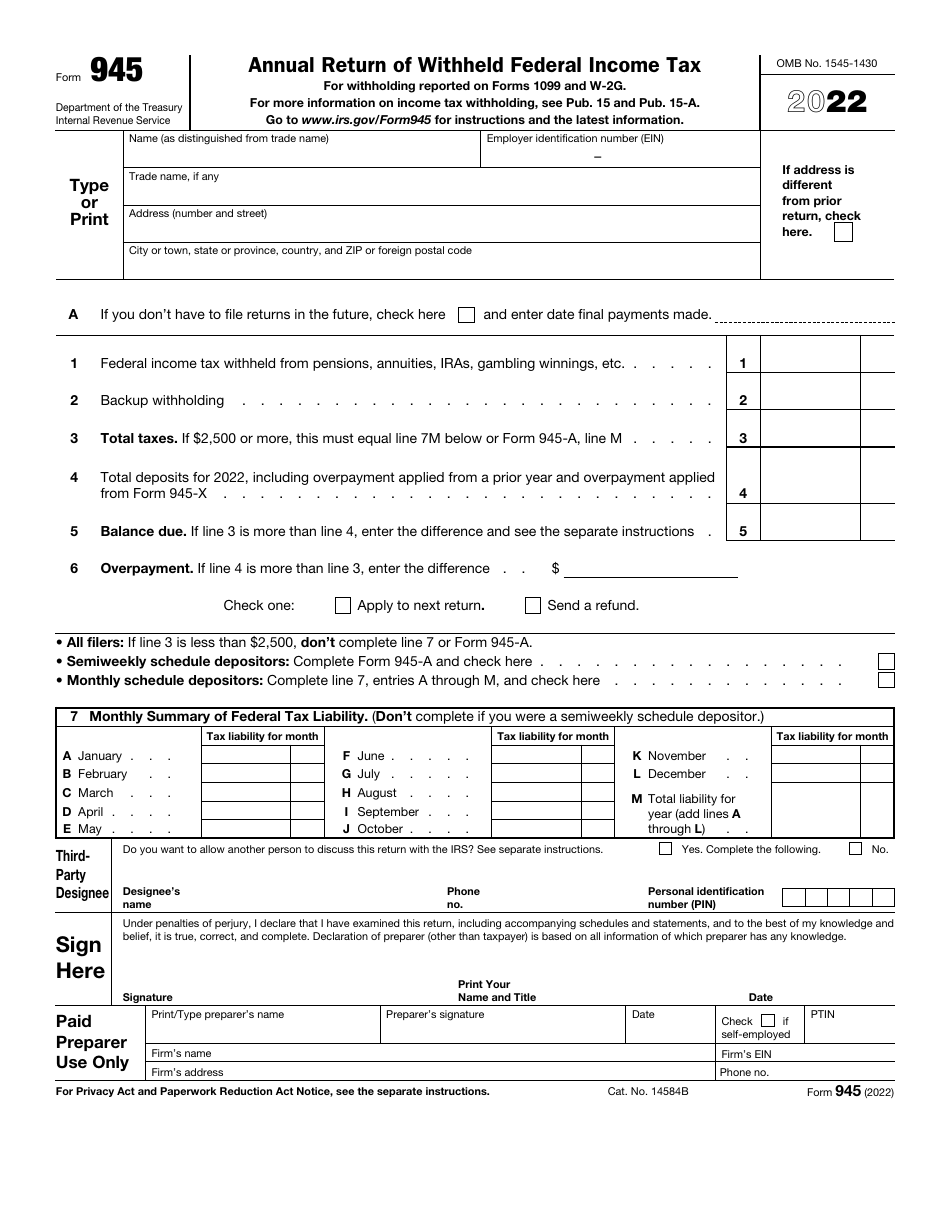 IRS Form 945 Download Fillable PDF or Fill Online Annual Return of