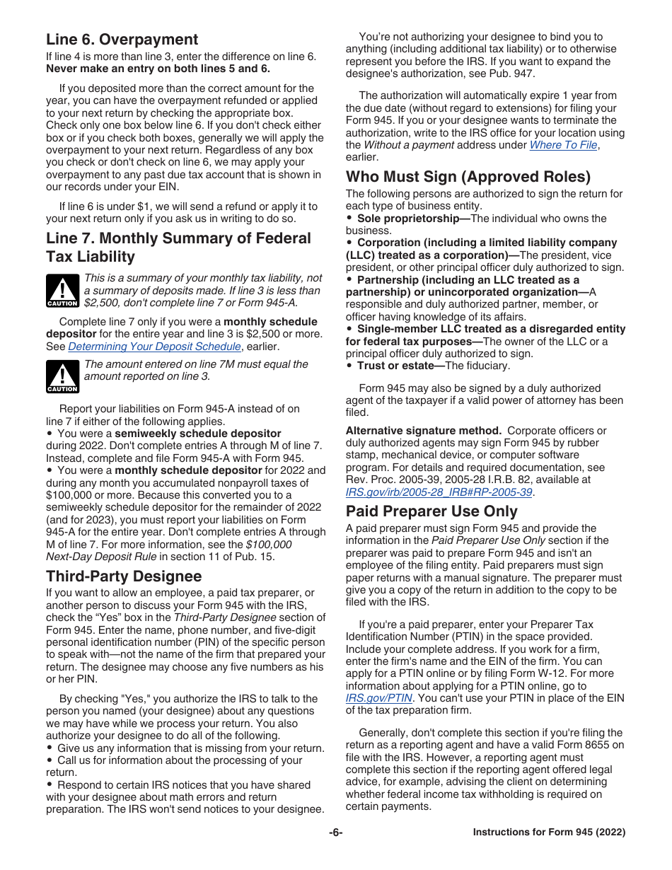 Instructions for IRS Form 945 Annual Return of Withheld Federal Income Tax, Page 6