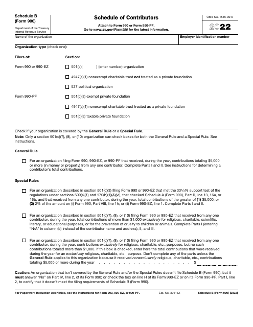 IRS Form 990 Schedule B 2022 Printable Pdf