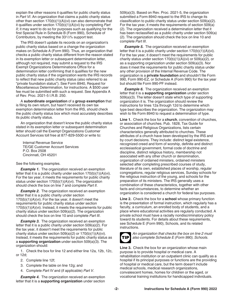 Instructions for IRS Form 990, 990-EZ Schedule A Public Charity Status and Public Support, Page 2