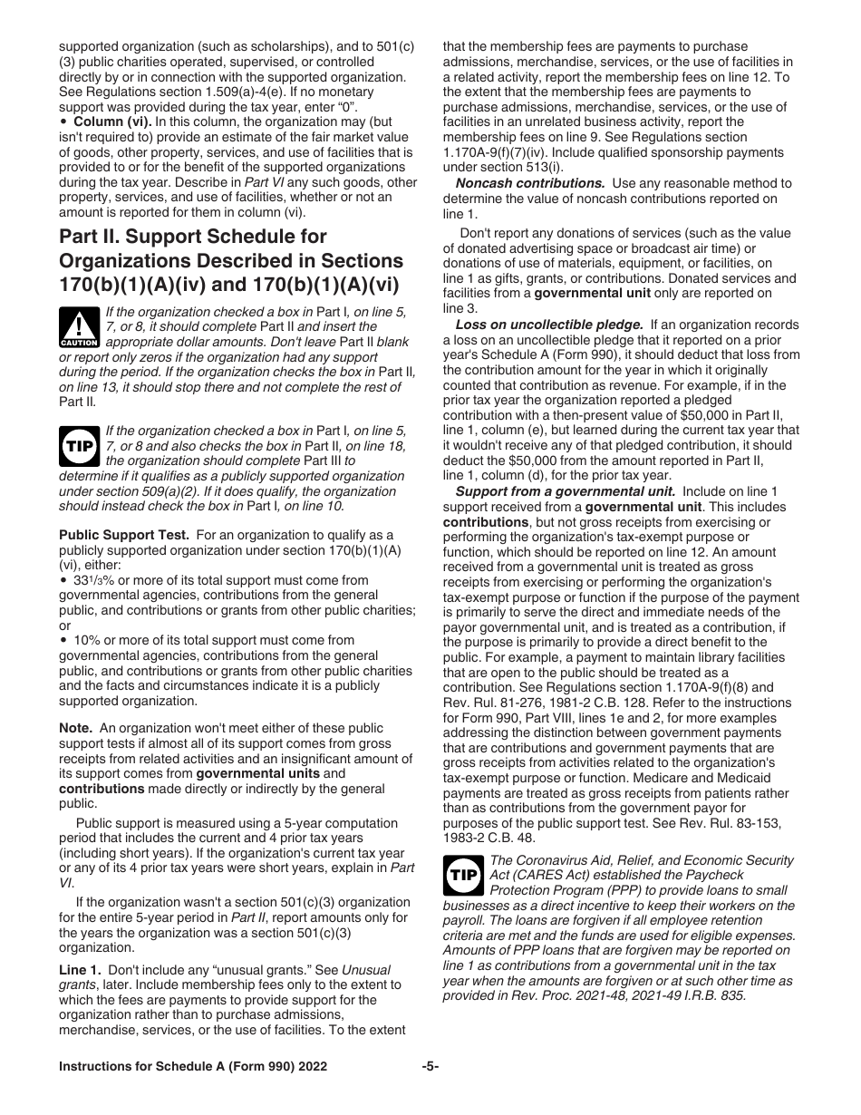 Instructions for IRS Form 990, 990-EZ Schedule A Public Charity Status and Public Support, Page 5