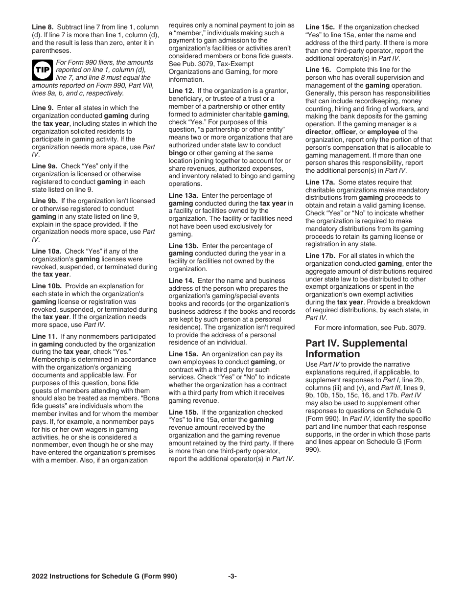 Instructions for IRS Form 990, 990-EZ Schedule G Supplemental Information Regarding Fundraising or Gaming Activities, Page 3