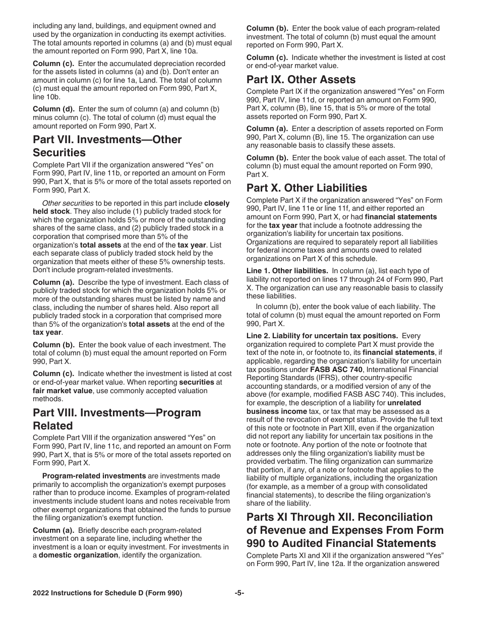 Instructions for IRS Form 990 Schedule D Supplemental Financial Statements, Page 5