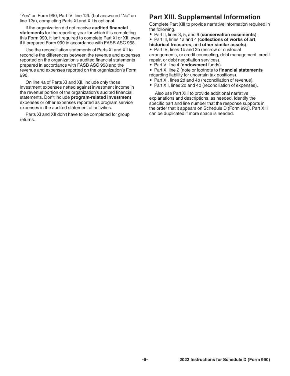 Instructions for IRS Form 990 Schedule D Supplemental Financial Statements, Page 6