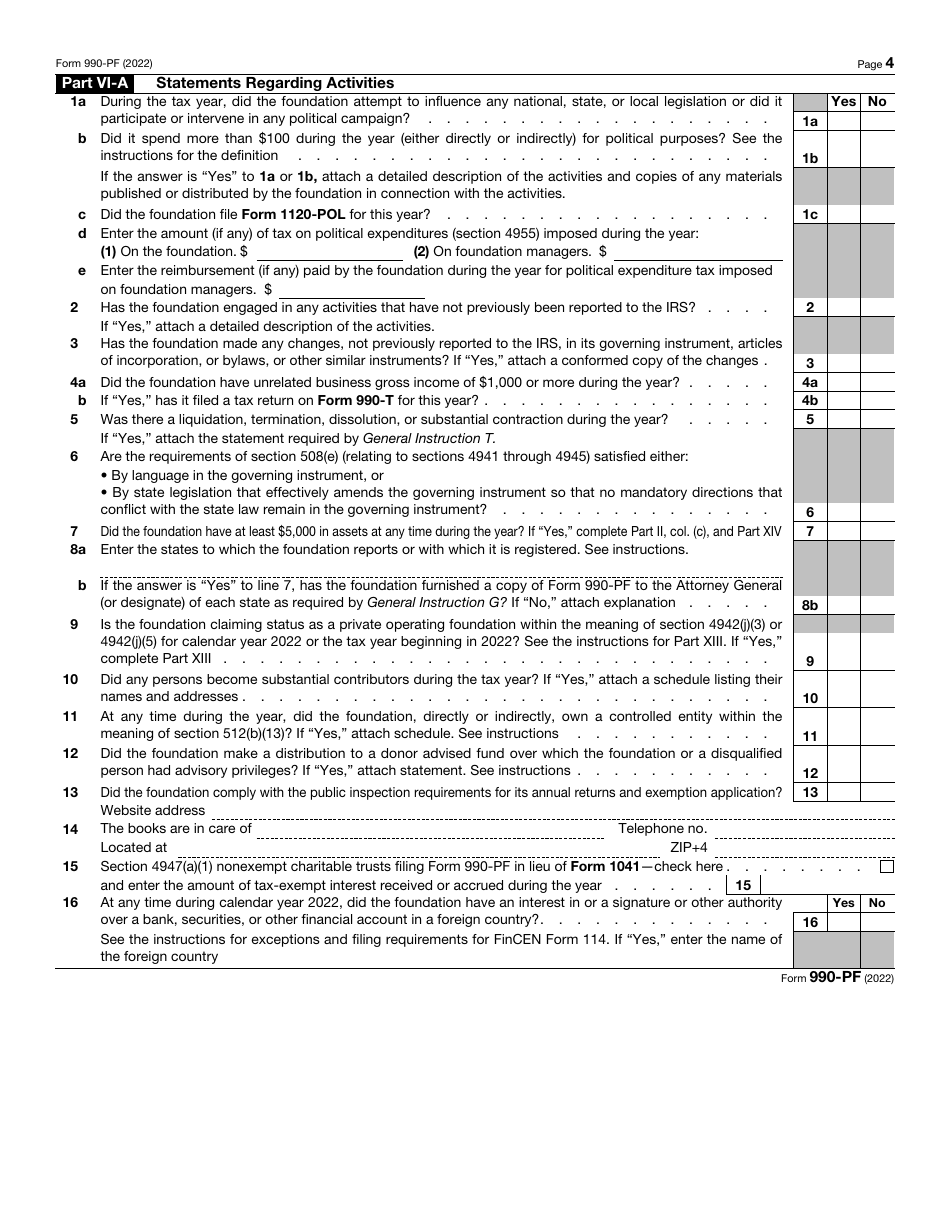 IRS Form 990-PF Return of Private Foundation or Section 4947(A)(1) Trust Treated as Private Foundation, Page 4