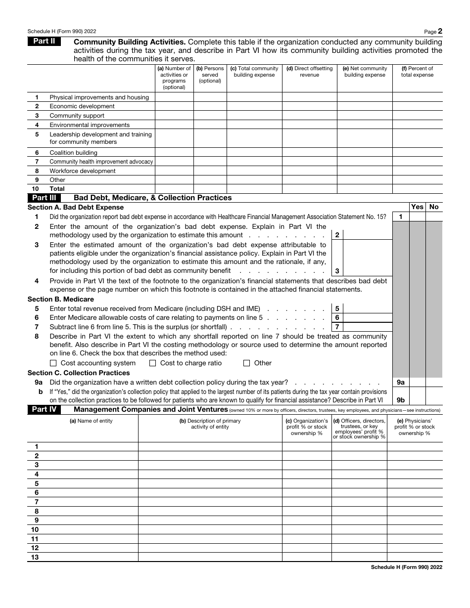 IRS Form 990 Schedule H Download Fillable PDF or Fill Online Hospitals ...