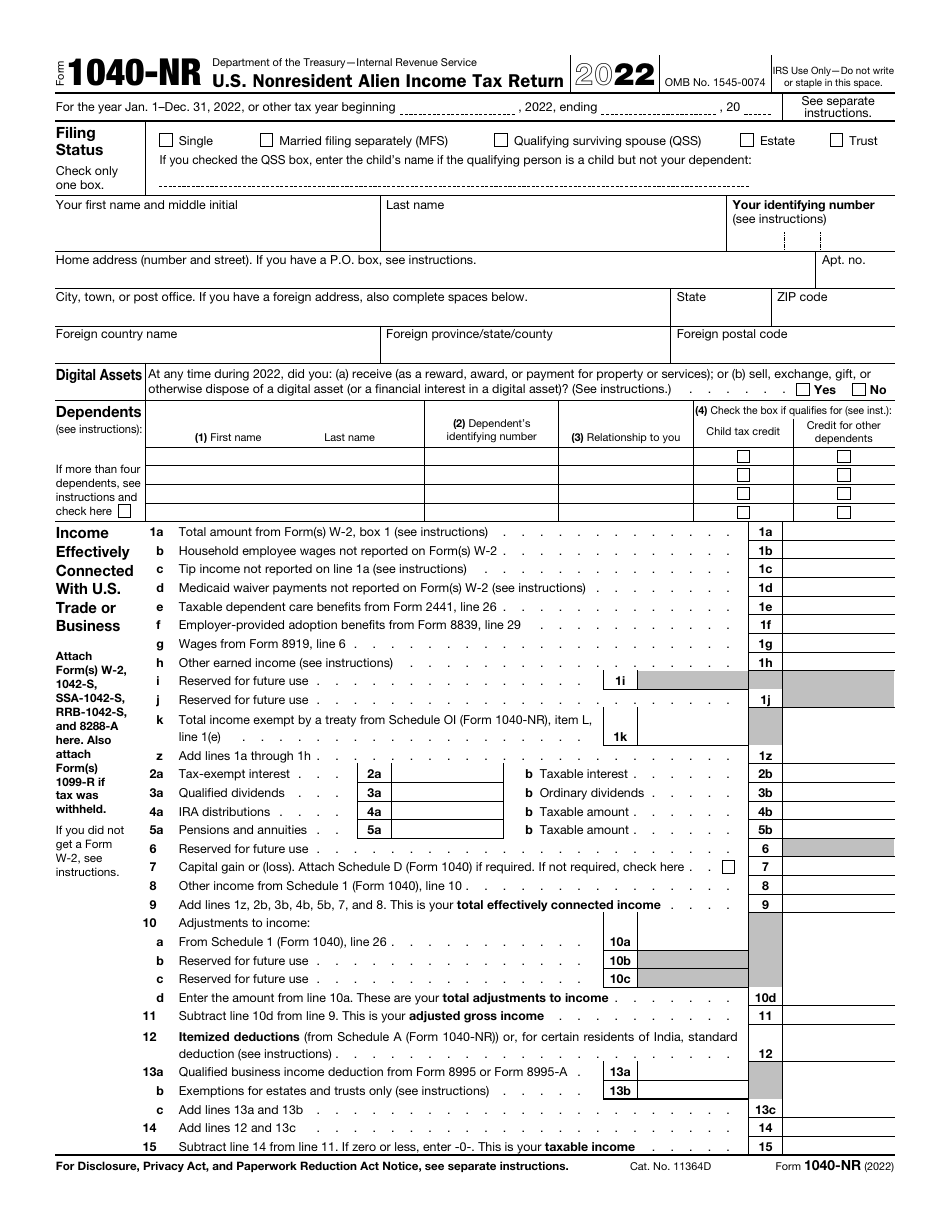 IRS Form 1040-NR U.S. Nonresident Alien Income Tax Return, Page 1