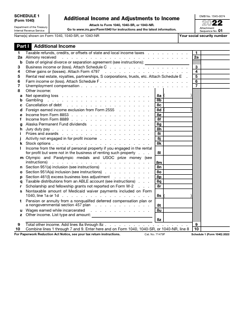 IRS Form 1040 Schedule 1 2022 Printable Pdf