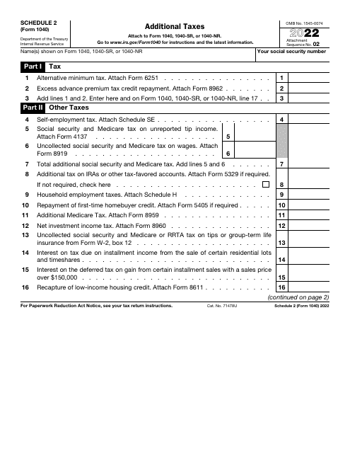 IRS Form 1040 Schedule 2 2022 Printable Pdf