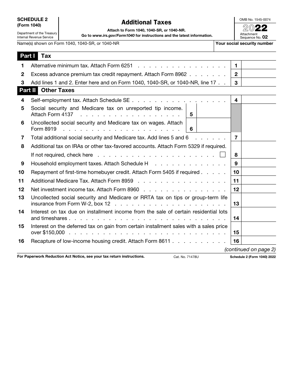 IRS Form 1040 Schedule 2 Additional Taxes, Page 1