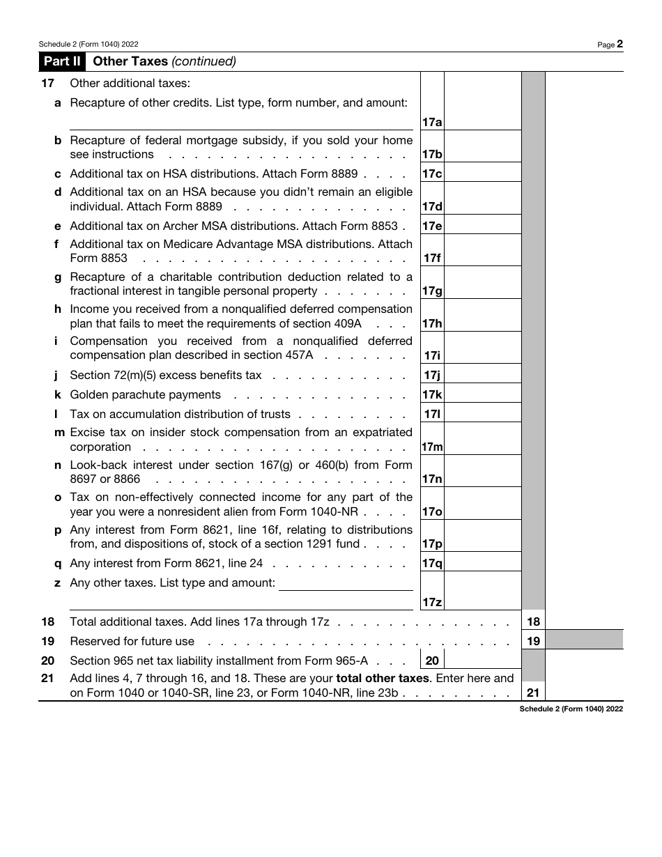 Irs Form 1040 Schedule 2 Download Fillable Pdf Or Fill Online Additional Taxes 2022 0202