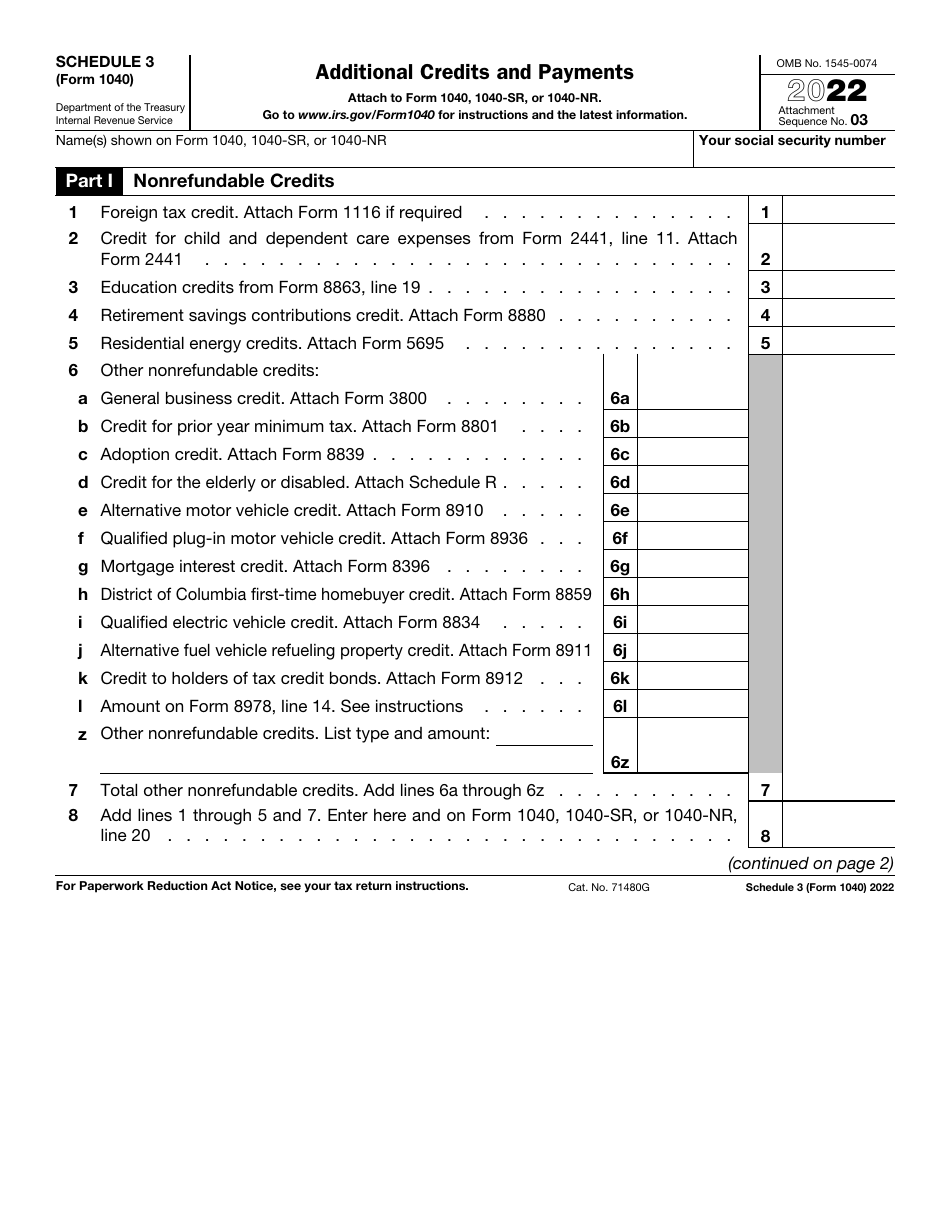 IRS Form 1040 Schedule 3 Additional Credits and Payments, Page 1