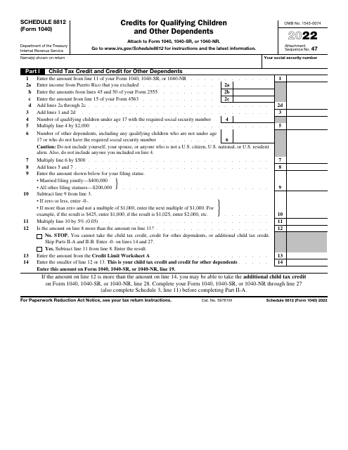 IRS Form 1040 Schedule 8812 2022 Printable Pdf