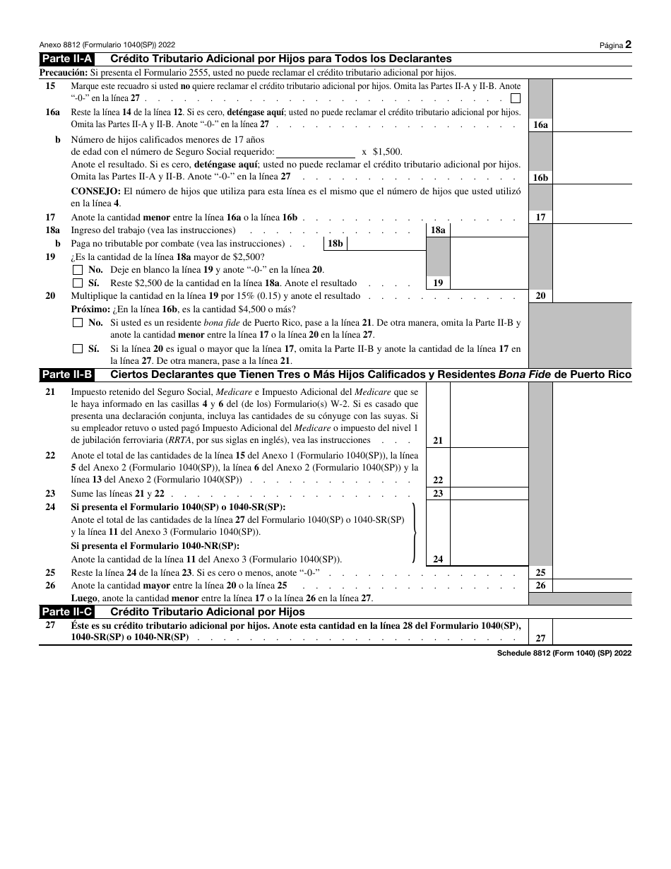 IRS Formulario 1040 (SP) Anexo 8812 Creditos Por Hijos Calificados Y Otros Dependientes (Spanish), Page 2