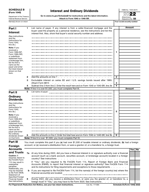 IRS Form 1040 Schedule B 2022 Printable Pdf