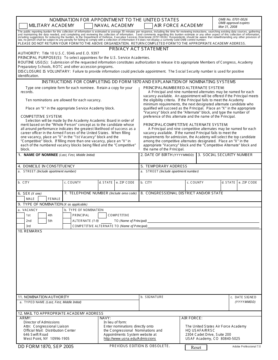 DD Form 1870 Nomination for Appointment to the United States Military Academy, US Naval Academy, US Air Force Academy, Page 1