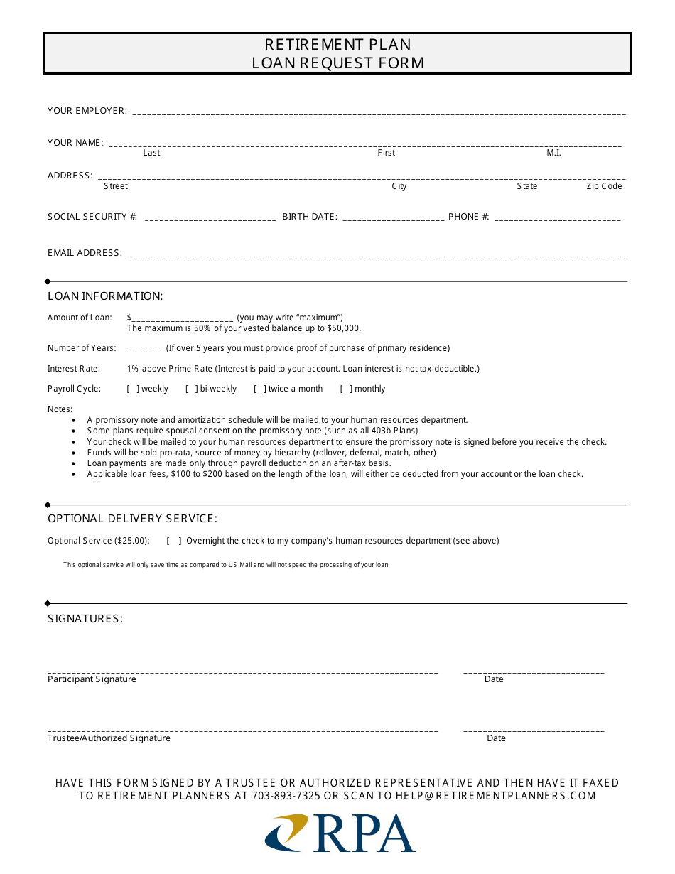 Retirement Plan Loan Request Form - Rpa, Page 1