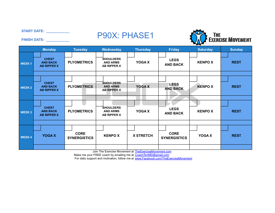 P90X is a popular high-intensity workout program known for its many dedicated followers. This image preview showcases the P90X Workout Schedule, designed to help users navigate through the different Phases (1, 2, and 3) of the program and facilitate efficient exercise planning and tracking.