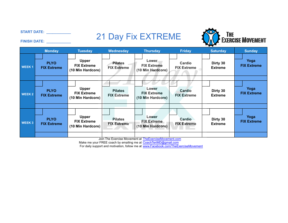 21 Day Fix Extreme Workout Plan Template the Exercise Movement