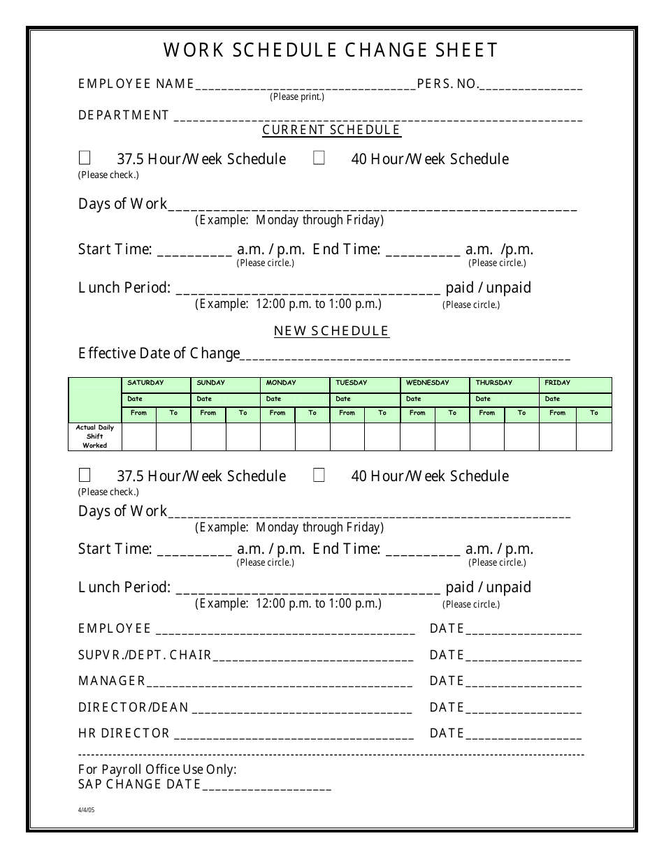 Work Schedule Change Sheet, Page 1