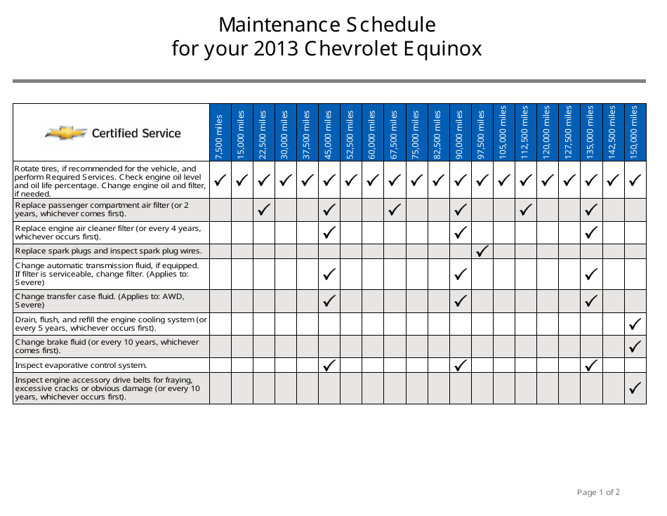 Maintenance Schedule for 2013 Chevrolet Equinox - Chevrolet Certified Service Download Printable