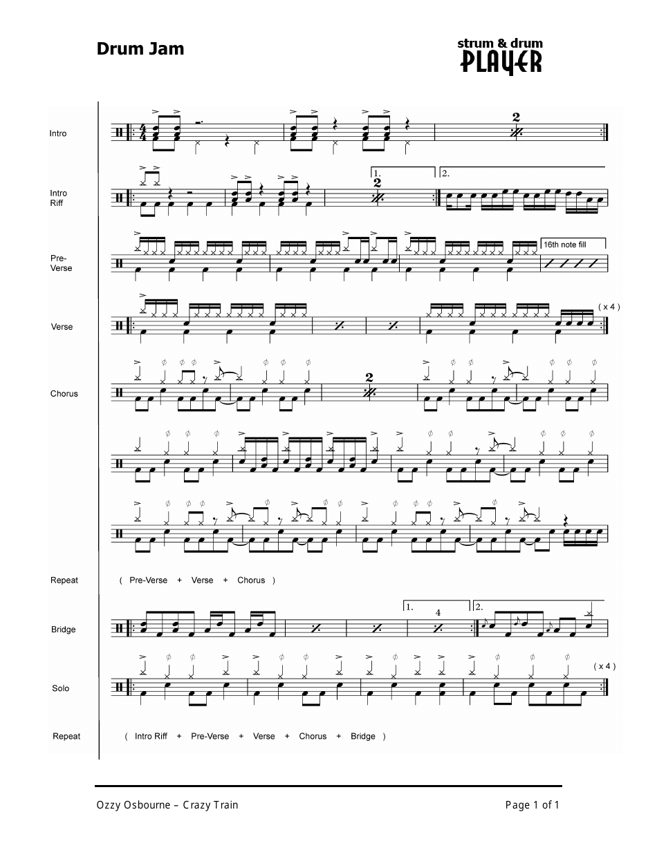 Ozzy Osbourne - Crazy Train Drum Sheet Music preview image