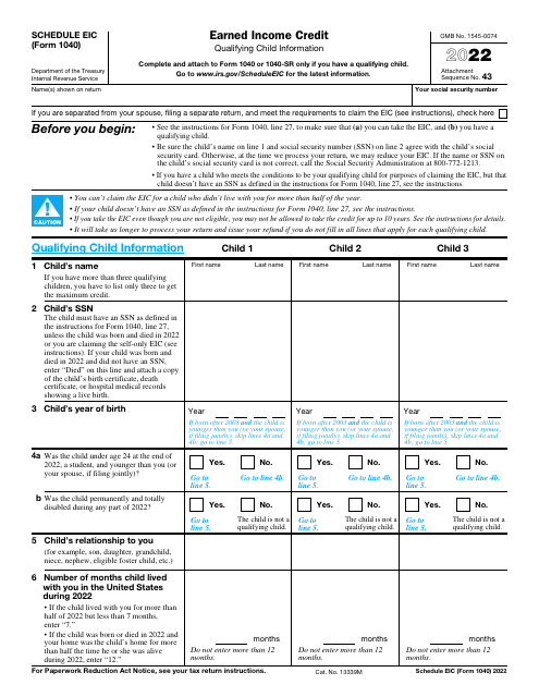 IRS Form 1040 Schedule EIC 2022 Printable Pdf
