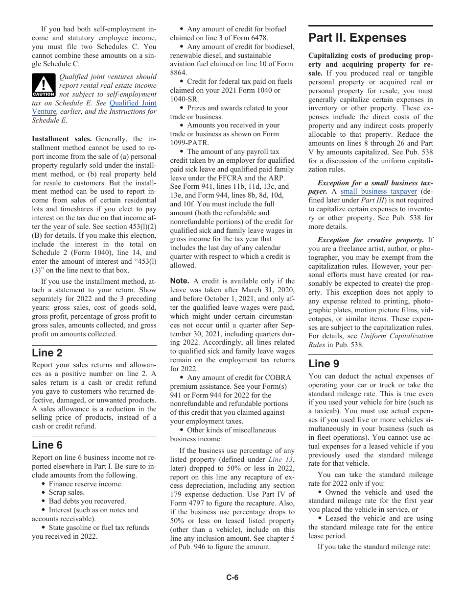 Instructions for IRS Form 1040 Schedule C Profit or Loss From Business, Page 6