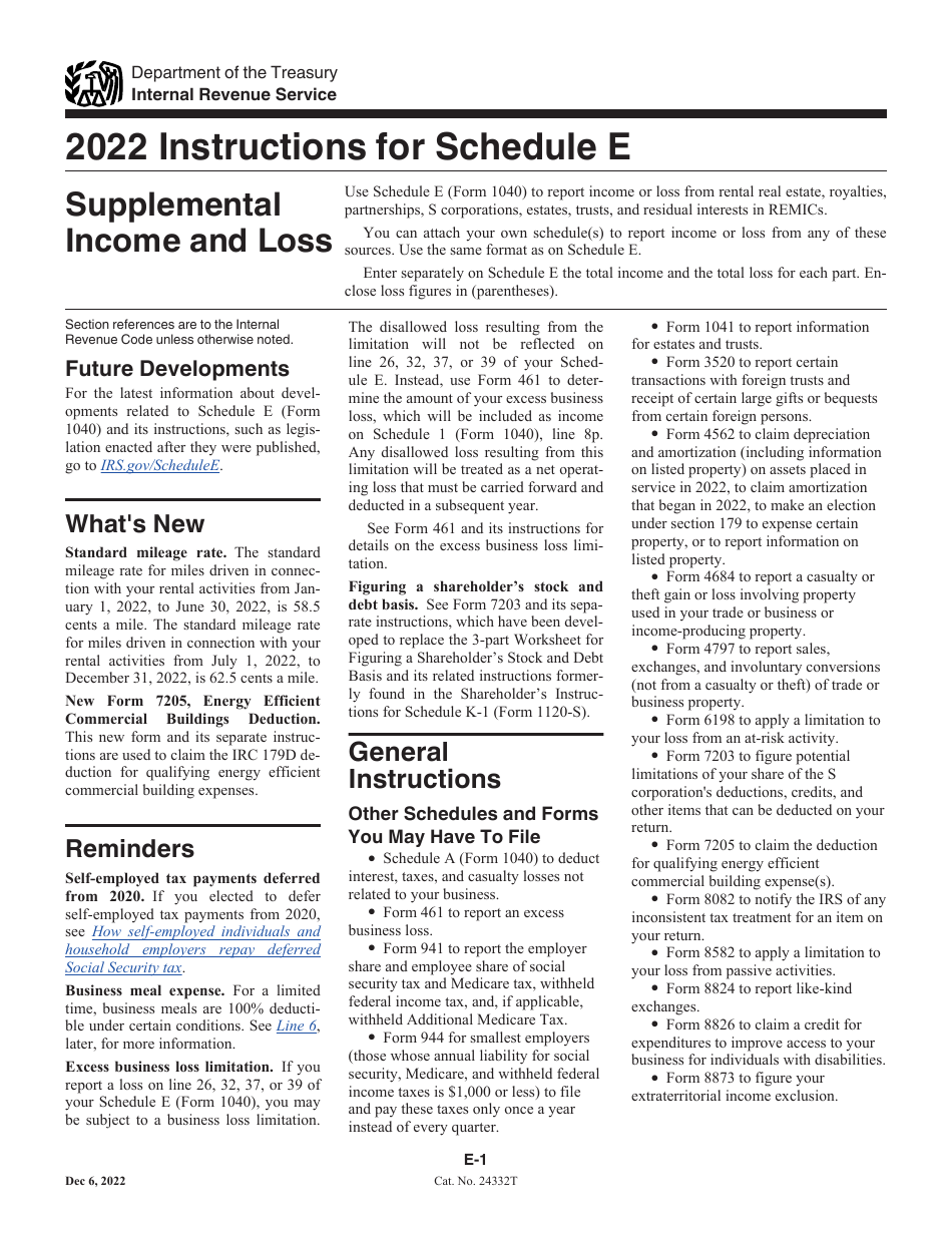 Instructions for IRS Form 1040 Schedule E Supplemental Income and Loss, Page 1