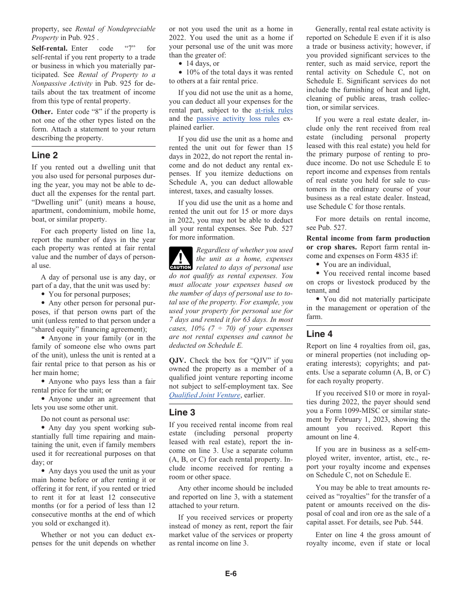 Instructions for IRS Form 1040 Schedule E Supplemental Income and Loss, Page 6