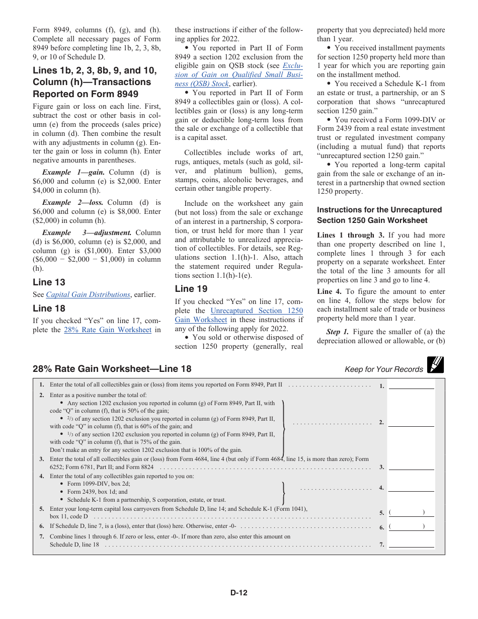 Download Instructions for IRS Form 1040 Schedule D Capital Gains and