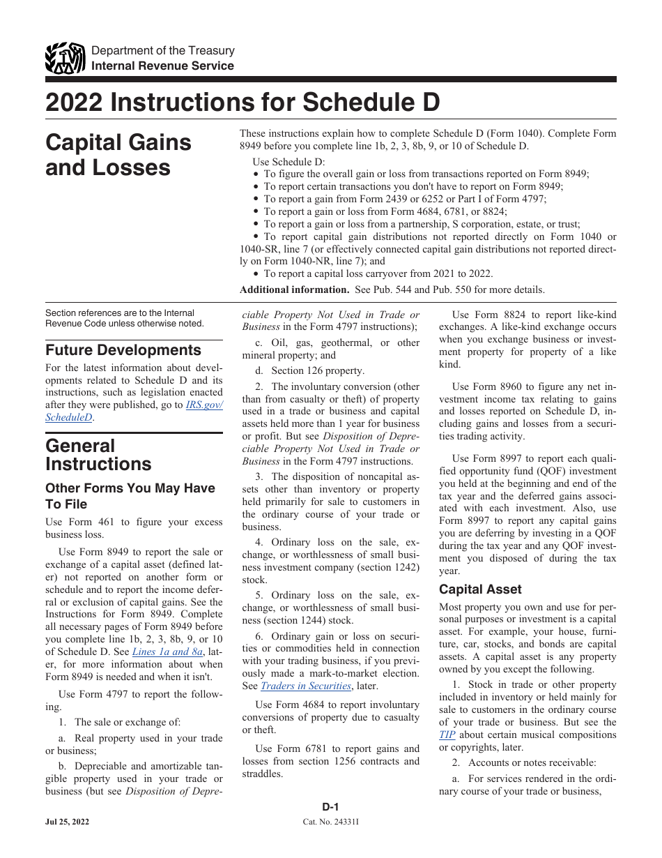 Instructions for IRS Form 1040 Schedule D Capital Gains and Losses, Page 1
