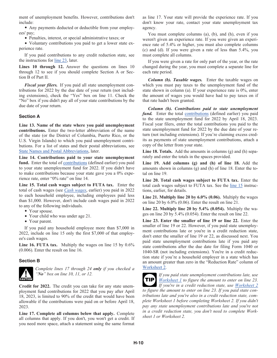Instructions for IRS Form 1040 Schedule H Household Employment Taxes, Page 10
