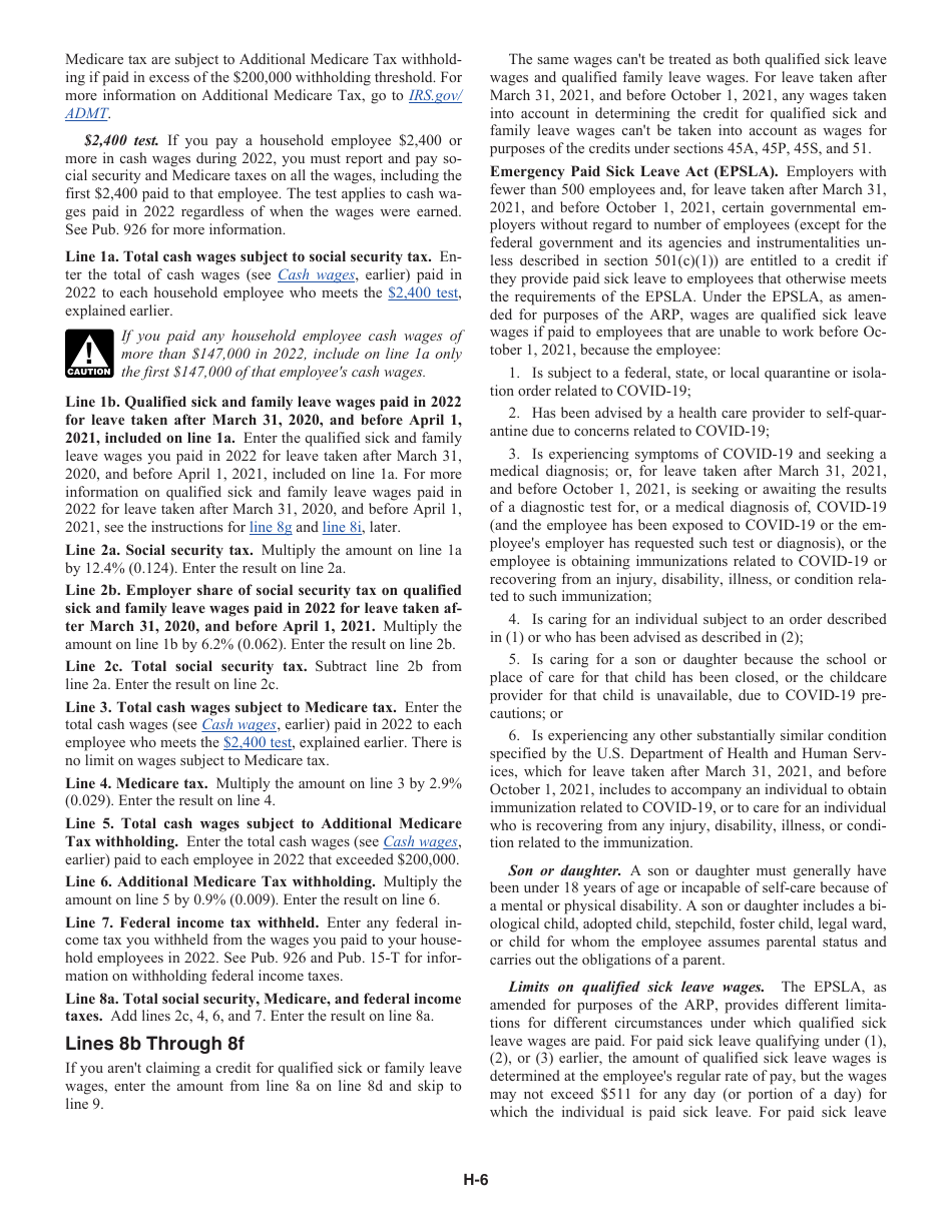 Instructions for IRS Form 1040 Schedule H Household Employment Taxes, Page 6