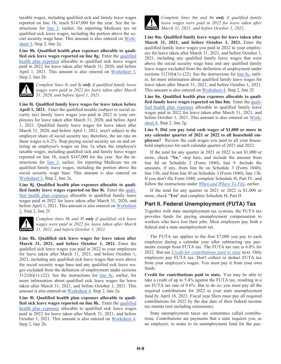 Instructions for IRS Form 1040 Schedule H Household Employment Taxes, Page 9