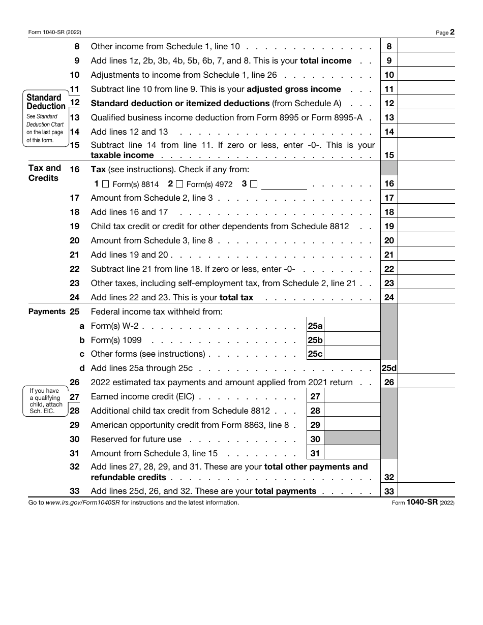 IRS Form 1040SR Download Fillable PDF or Fill Online U.S. Tax Return for Seniors 2022