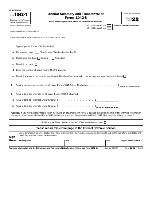 IRS Form 1042-T 2022 Printable Pdf